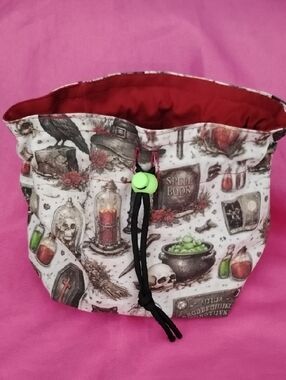 Spellbook Themed Fabric Drawstring Bag in Cream and Pink